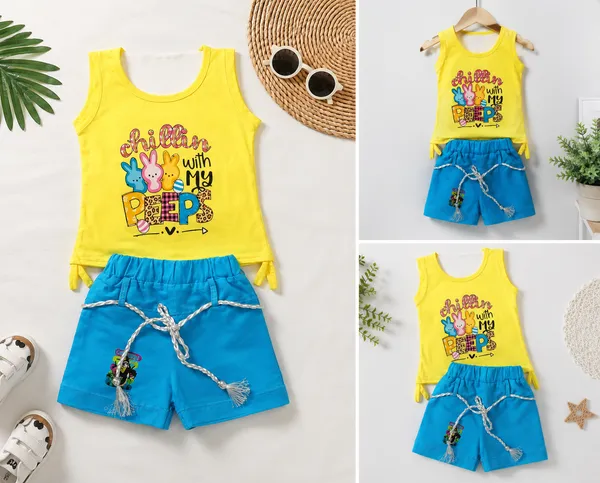 Yellow_And_Blue_Cotton_Blend_Sleeveless_Graphic_Top_And_Shorts_For_Girls