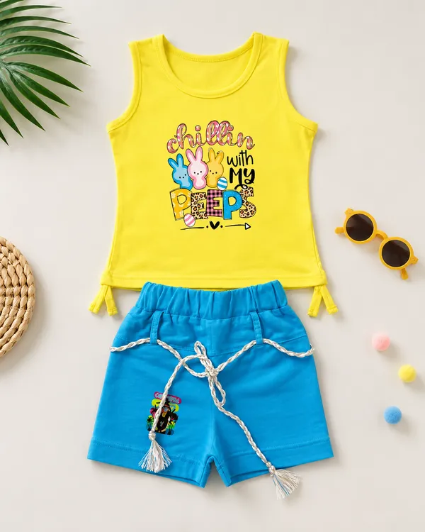 Yellow_And_Blue_Cotton_Blend_Sleeveless_Graphic_Top_And_Shorts_For_Girls