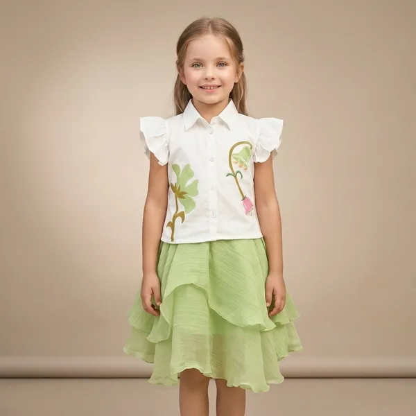 Green_And_White_Cotton_Flutter_Top_And_Ruffle_Skirt_For_Girls