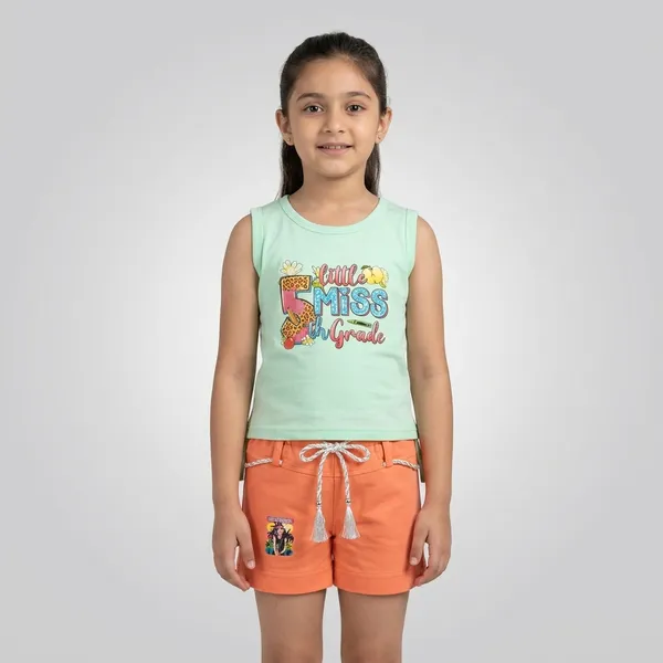 Green_And_Orange_Cotton_Graphic_Print_Tank_Top_And_Shorts_For_Girls
