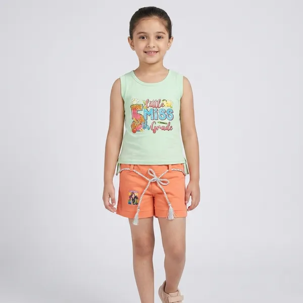 Green_And_Orange_Cotton_Graphic_Print_Tank_Top_And_Shorts_For_Girls