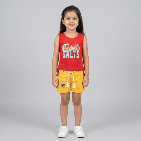 Red_And_Yellow_Cotton_Blend_Sleeveless_Graphic_Top_And_Shorts_For_Girls