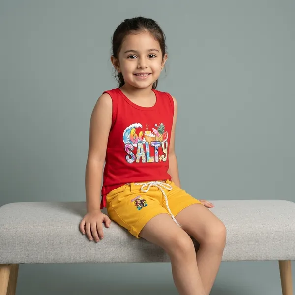 Red_And_Yellow_Cotton_Blend_Sleeveless_Graphic_Top_And_Shorts_For_Girls