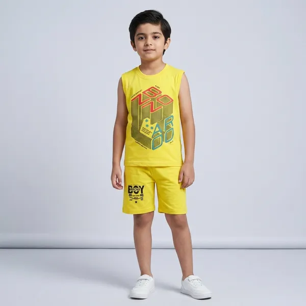 Yellow_Cotton_Sleeveless_Graphic_T-Shirt_And_Shorts_For_Boys