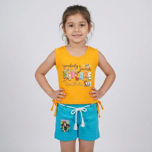 Orange_And_Blue_Cotton_Blend_Sleeveless_Graphic_Top_And_Shorts_For_Girls