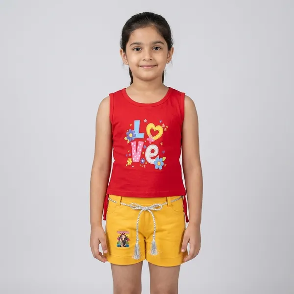Red_And_Orange_Cotton_Blend_Sleeveless_Graphic_Top_And_Shorts_For_Girls