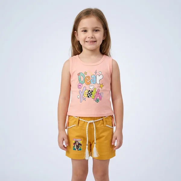 Peach_And_Orange_Cotton_Graphic_Sleeveless_Top_And_Shorts_For_Girls