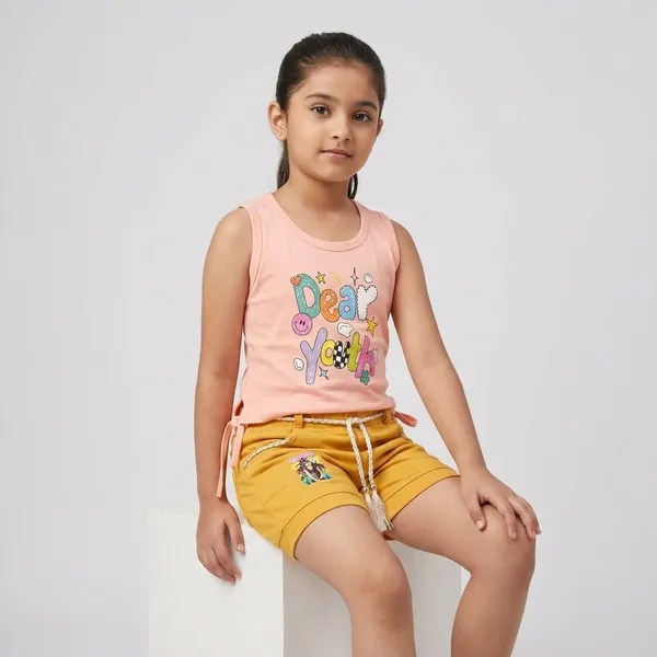 Peach_And_Orange_Cotton_Graphic_Sleeveless_Top_And_Shorts_For_Girls