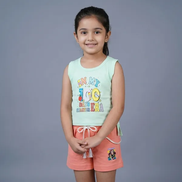 Mint_Green_And_Coral_Cotton_Blend_Sleeveless_Top_And_Shorts_For_Girls