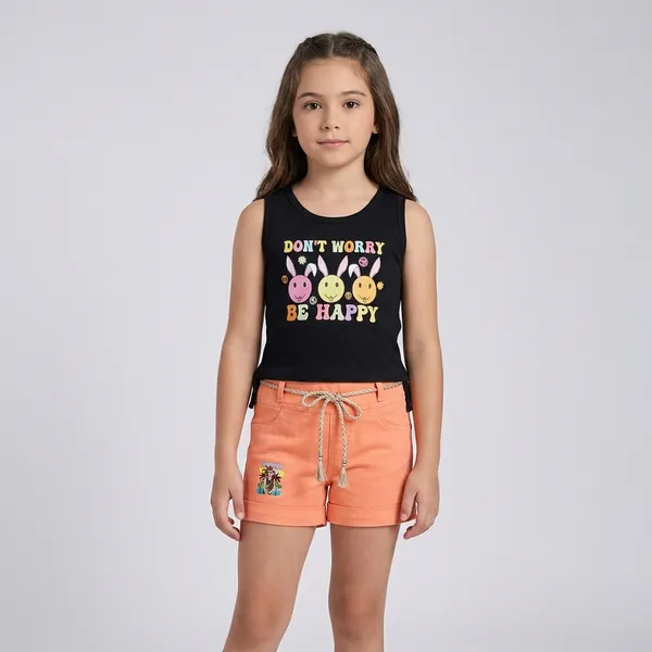 Black_And_Orange_Cotton_Slogan_Tank_Top_And_Shorts_For_Girls