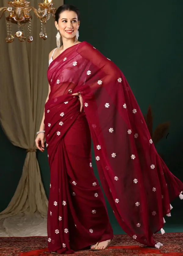 Pink_Georgette_Floral_Embroidered_Saree_With_Cream_Blouse_Piece