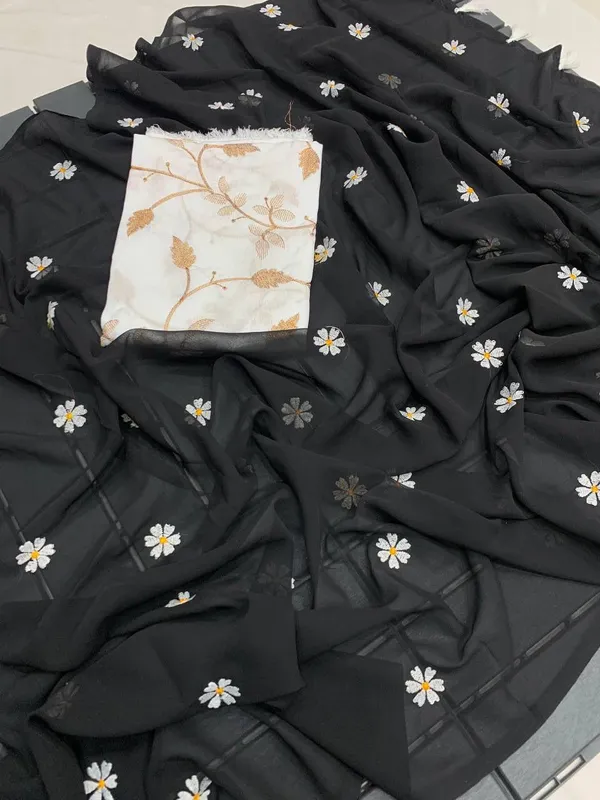 Black_Georgette_Floral_Embroidered_Saree_With_White_Blouse_For_Women