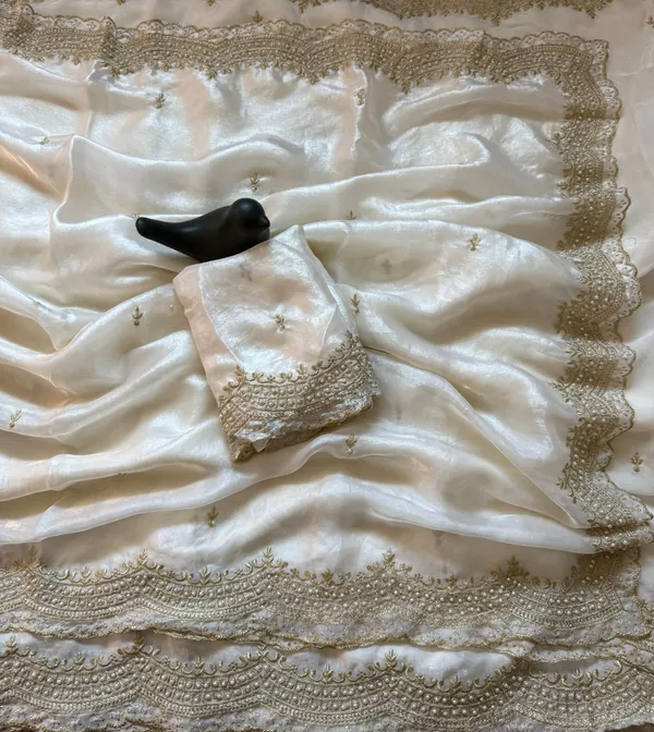 White_Polka_Dot_Saree_With_Floral_Embroidered_Blouse_For_Women