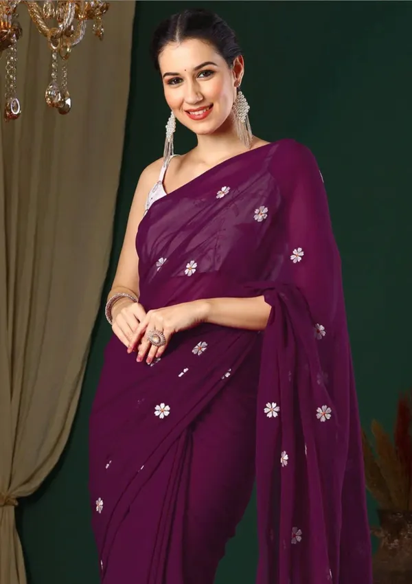 Wine_Organza_Floral_Embroidered_Saree_With_Silver_Blouse_For_Women