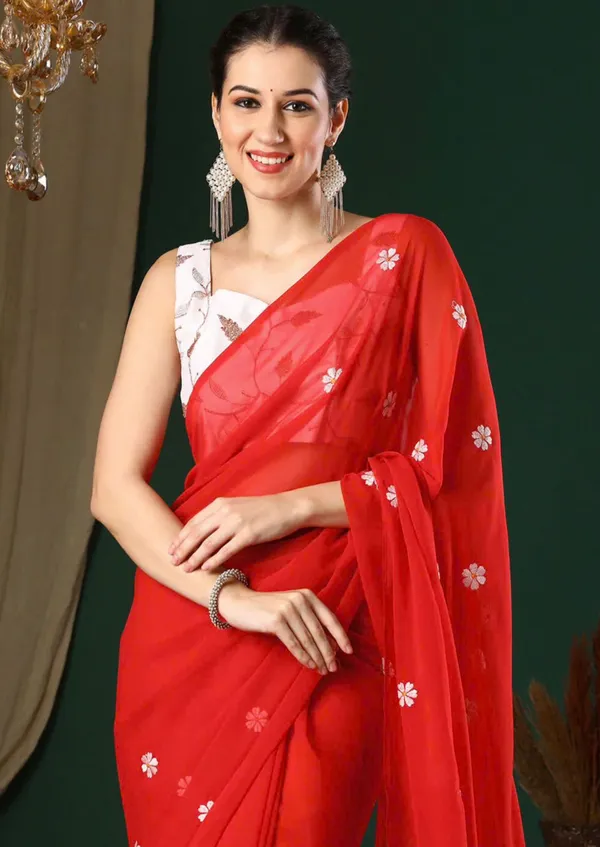 Red_Georgette_Floral_Embroidered_Saree_With_Blouse