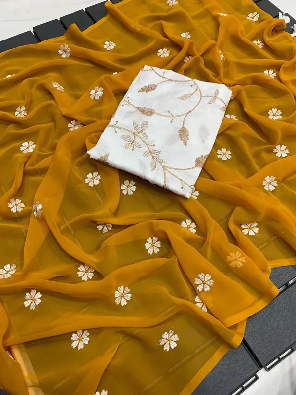 Yellow_Georgette_Floral_Embroidered_Saree_With_Blouse