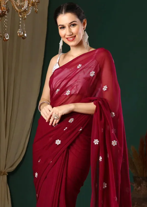Pink_Georgette_Floral_Embroidered_Saree_With_Cream_Blouse_Piece