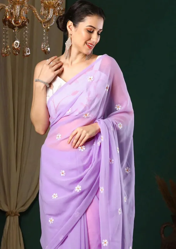 Purple_Georgette_Floral_Saree_With_Blouse_Piece