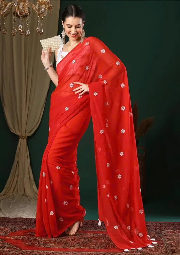 Red_Georgette_Floral_Embroidered_Saree_With_Blouse