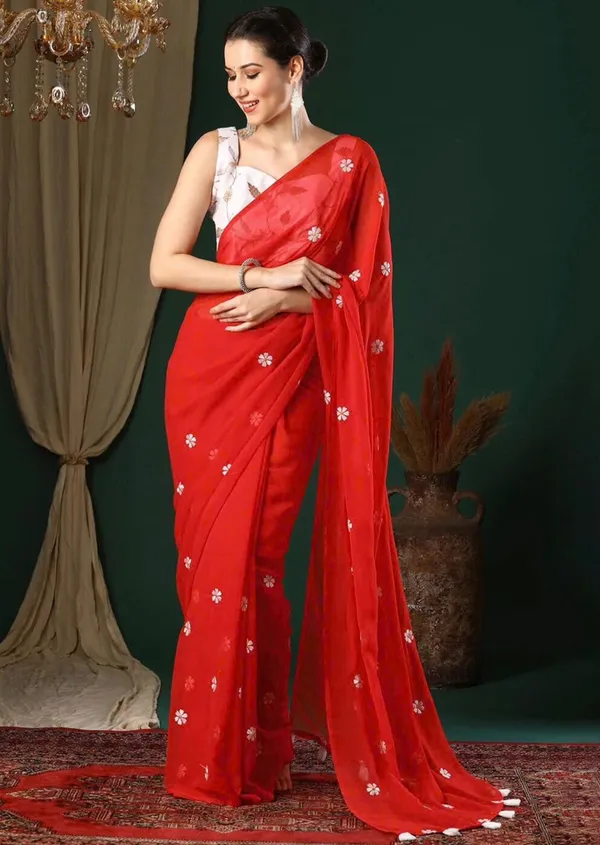 Red_Georgette_Floral_Embroidered_Saree_With_Blouse