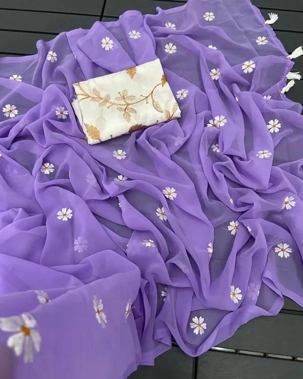 Purple_Georgette_Floral_Saree_With_Blouse_Piece