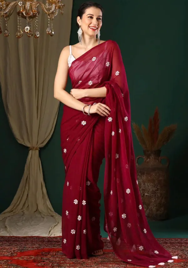 Pink_Georgette_Floral_Embroidered_Saree_With_Cream_Blouse_Piece