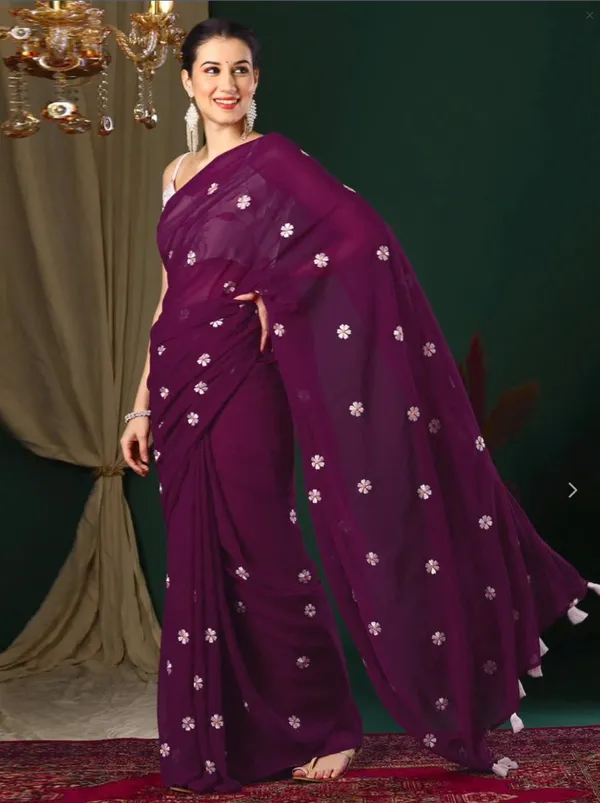 Wine_Organza_Floral_Embroidered_Saree_With_Silver_Blouse_For_Women
