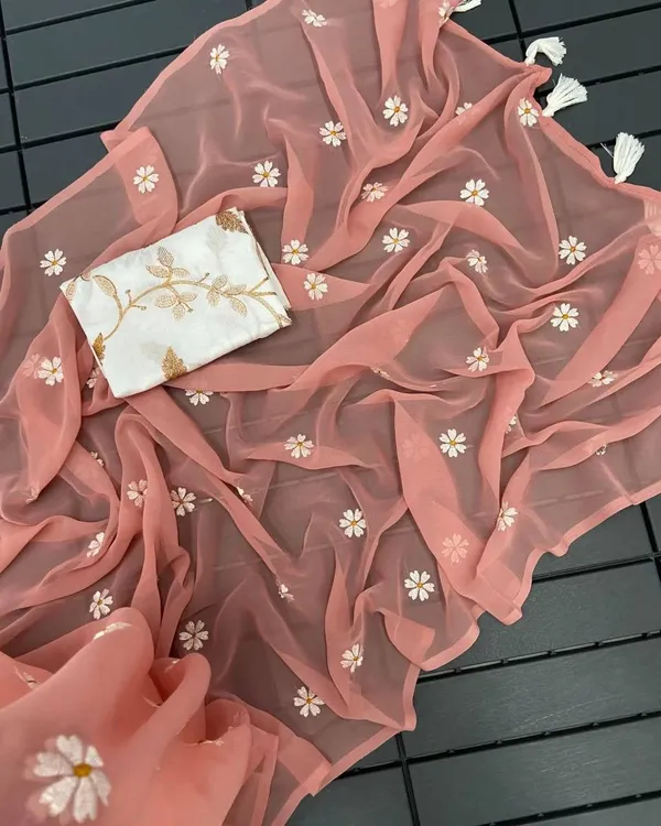 Rust_Organza_Floral_Embroidered_Saree_With_White_Embroidered_Blouse