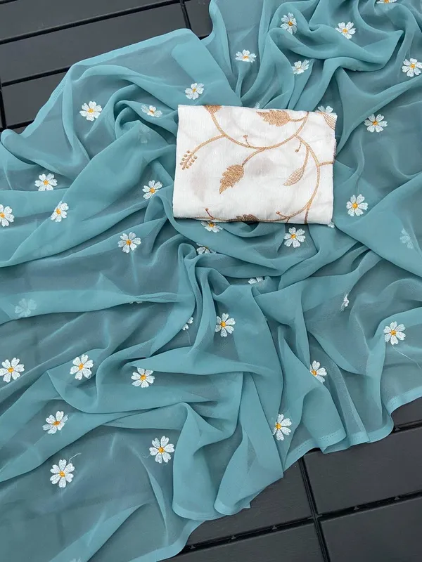 Light_Blue_Floral_Embroidered_Saree_With_White_Blouse_Piece