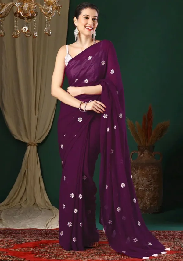 Wine_Organza_Floral_Embroidered_Saree_With_Silver_Blouse_For_Women