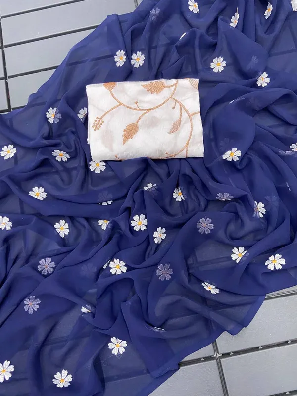 Blue_Georgette_Floral_Embroidered_Saree_With_Off_White_Blouse