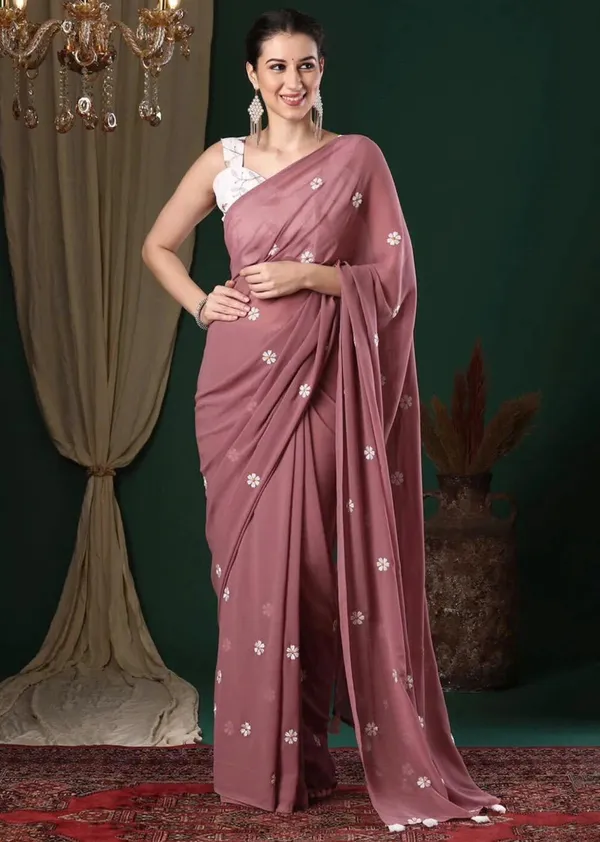Rust_Pink_Floral_Embroidered_Georgette_Saree_With_Blouse