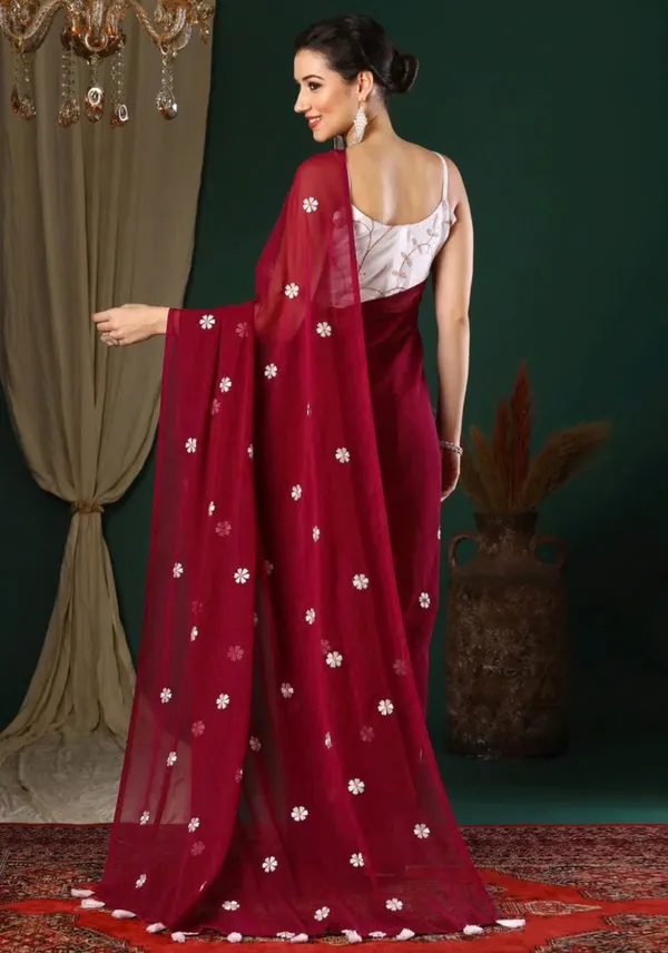Pink_Georgette_Floral_Embroidered_Saree_With_Cream_Blouse_Piece
