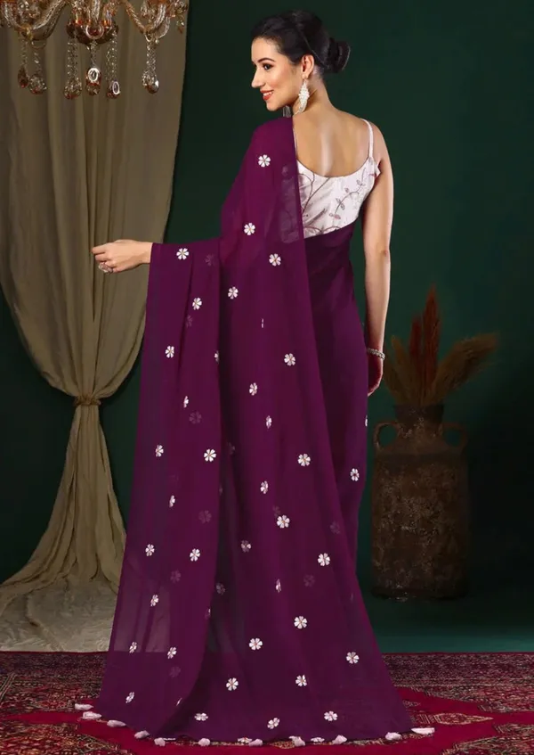 Wine_Organza_Floral_Embroidered_Saree_With_Silver_Blouse_For_Women