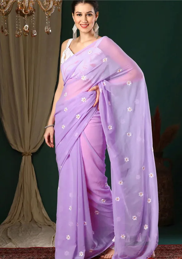 Purple_Georgette_Floral_Saree_With_Blouse_Piece