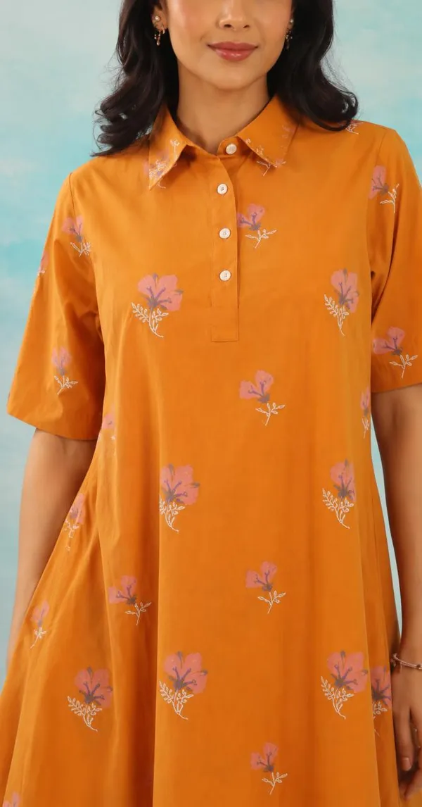 Orange_Floral_Print_Collared_Shirt_Dress_For_Women