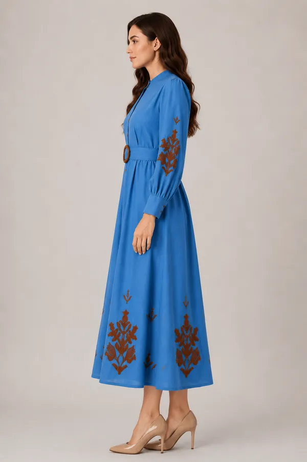Blue_Embroidered_Long_Sleeve_Fit_And_Flare_Midi_Dress_For_Women