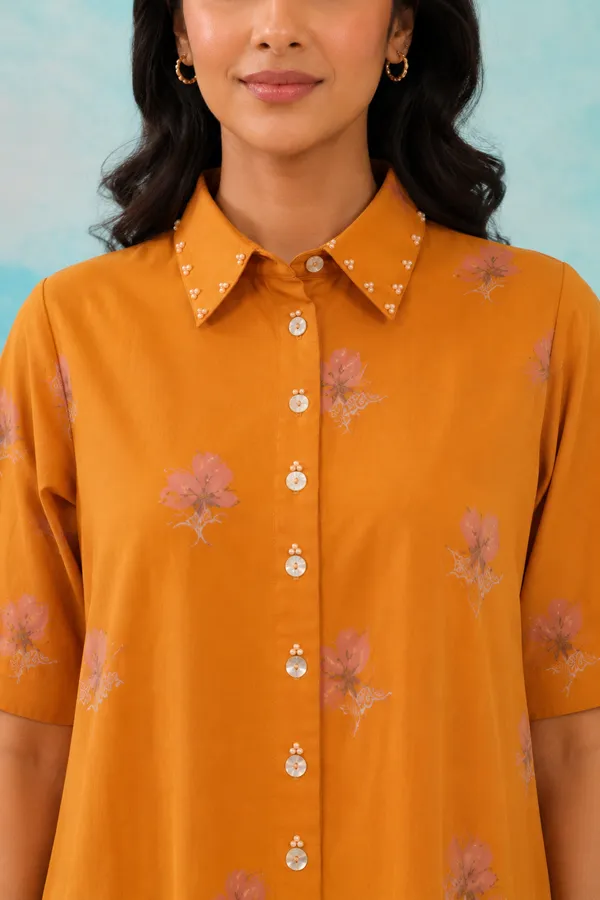 Orange_Floral_Print_Collared_Shirt_Dress_For_Women