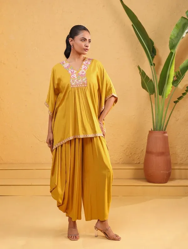 Yellow_Rayon_Embroidered_Kaftan_Style_Kurta_Palazzo_Set_For_Women