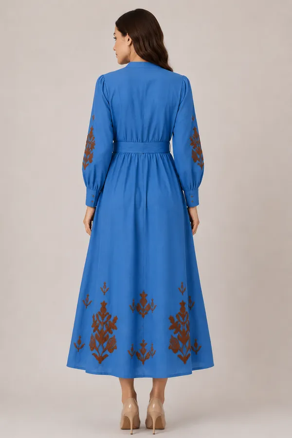 Blue_Embroidered_Long_Sleeve_Fit_And_Flare_Midi_Dress_For_Women