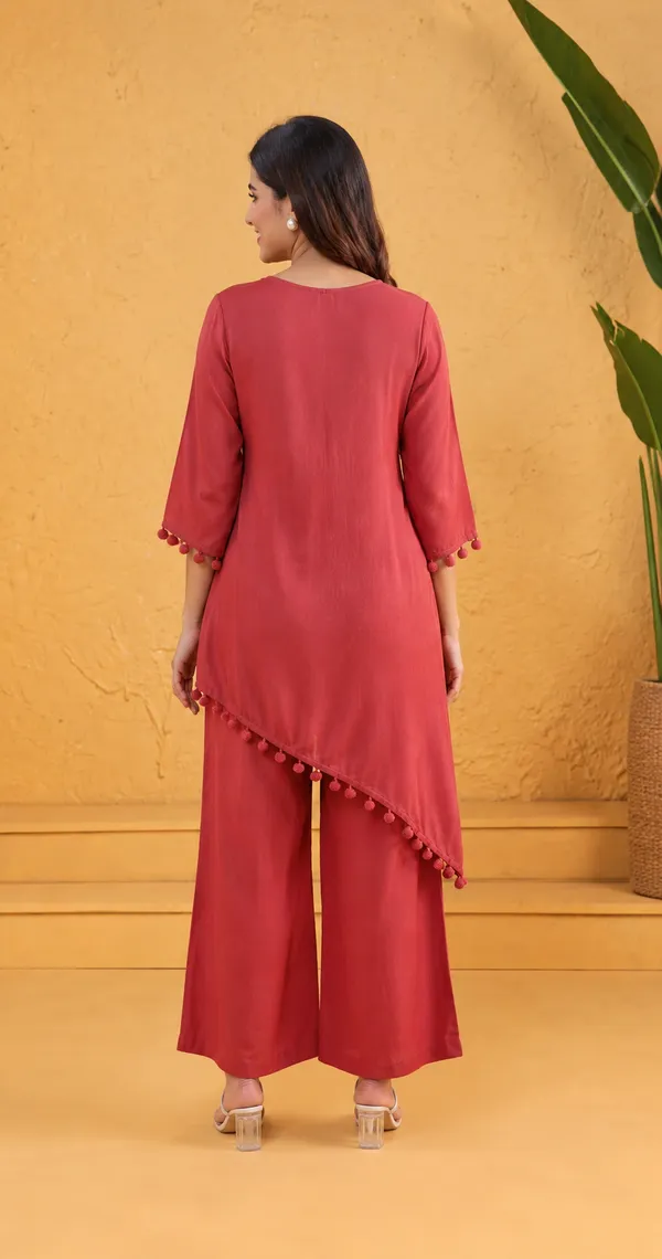 Coral_Red_Rayon_Floral_Embroidered_Asymmetric_Kurta_Set_For_Women