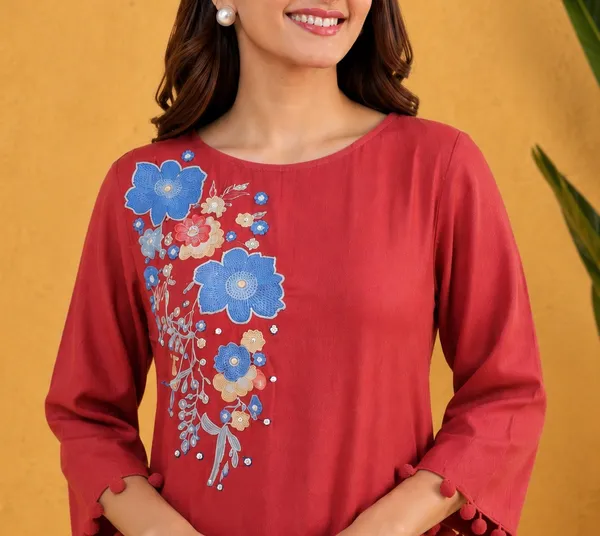 Coral_Red_Rayon_Floral_Embroidered_Asymmetric_Kurta_Set_For_Women