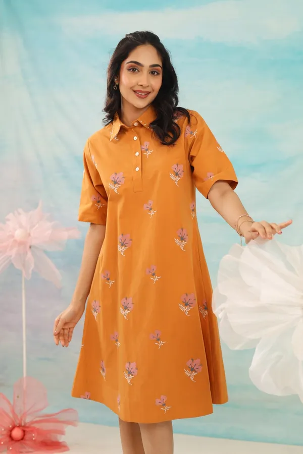 Orange_Floral_Print_Collared_Shirt_Dress_For_Women