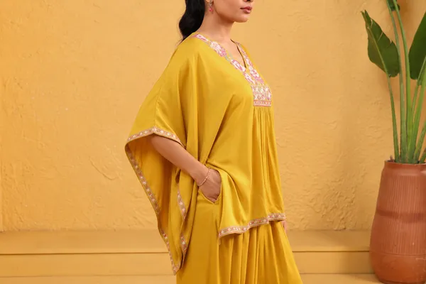 Yellow_Rayon_Embroidered_Kaftan_Style_Kurta_Palazzo_Set_For_Women