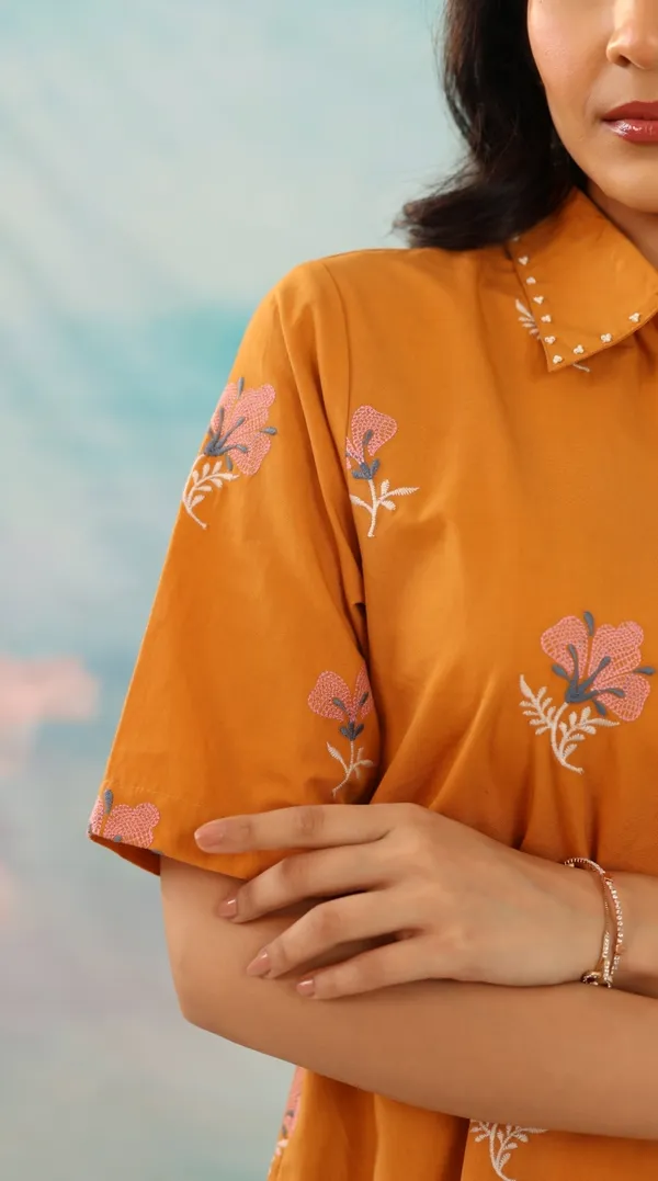 Orange_Floral_Print_Collared_Shirt_Dress_For_Women