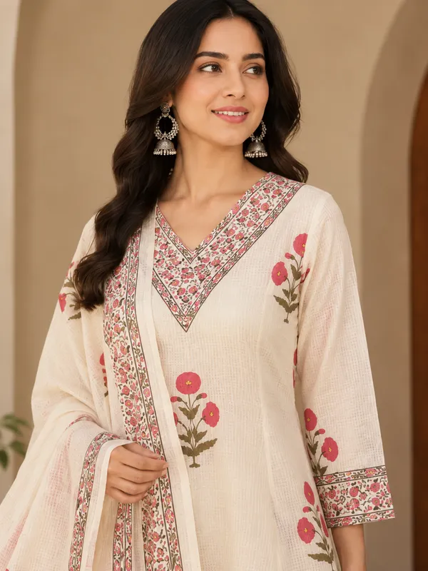Kotadoriya_white_and_pink_floral_straight_kurta_and_pant_set