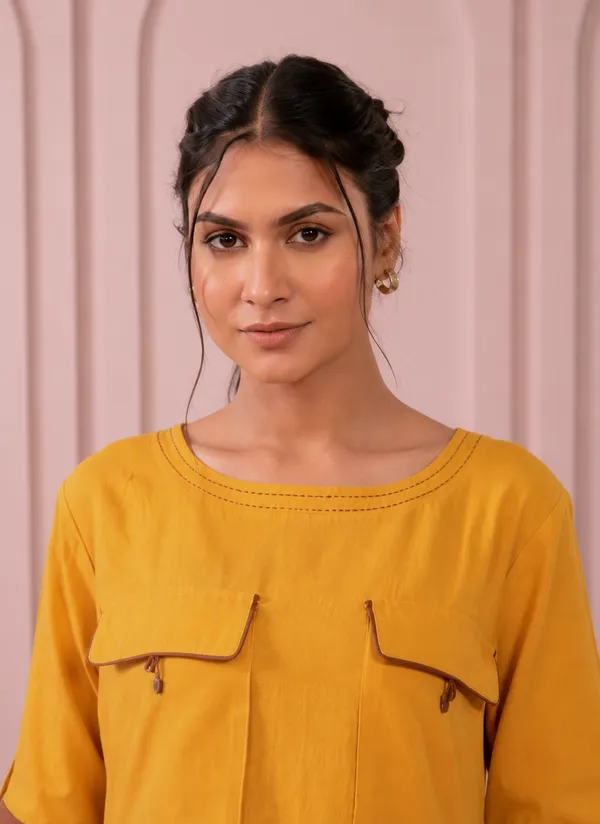 Mustard_Yellow_Rayon_Straight_Kurta_With_Brown_Palazzo_Set_For_Women