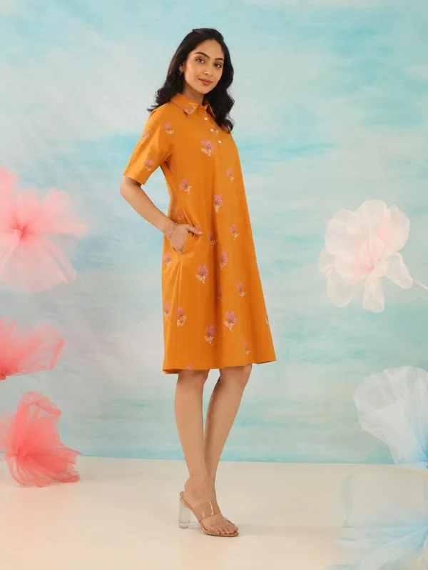 Orange_Floral_Print_Collared_Shirt_Dress_For_Women
