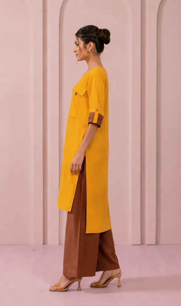 Mustard_Yellow_Rayon_Straight_Kurta_With_Brown_Palazzo_Set_For_Women