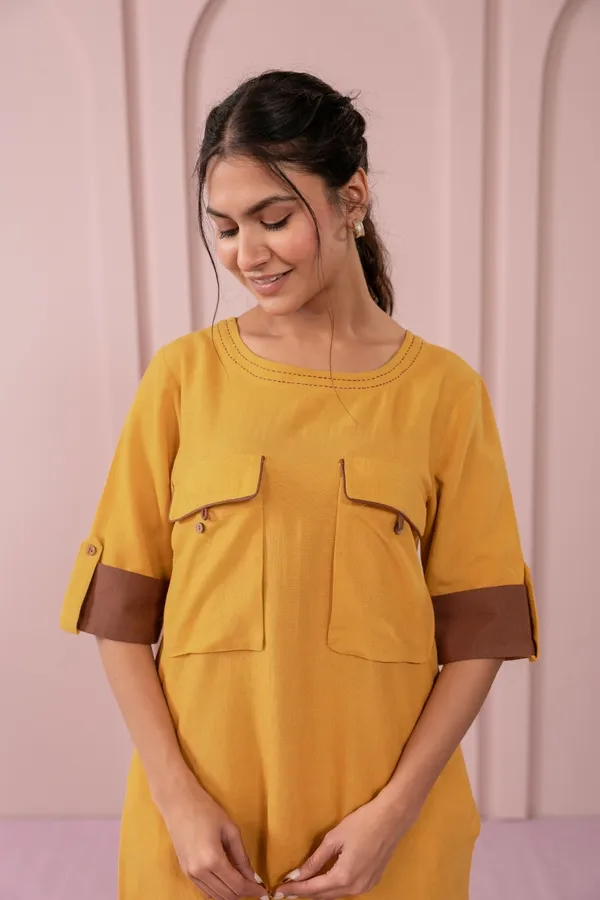 Mustard_Yellow_Rayon_Straight_Kurta_With_Brown_Palazzo_Set_For_Women